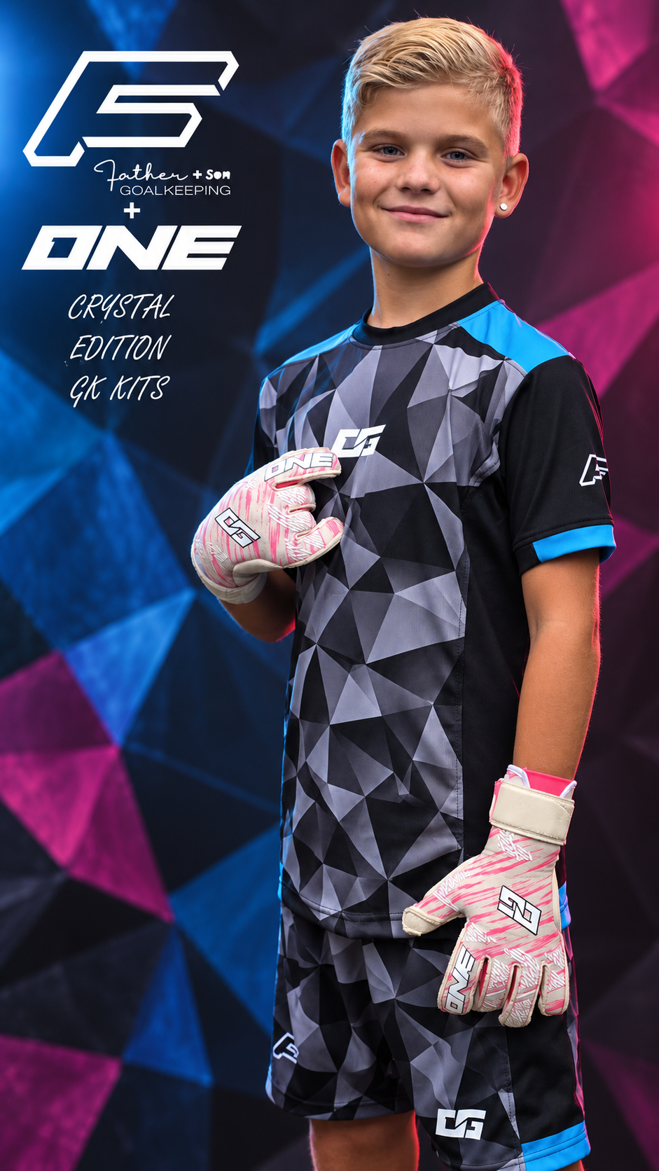 Junior Black and Grey 'CRYSTAL' Father and Son GK x One Glove Match Kit