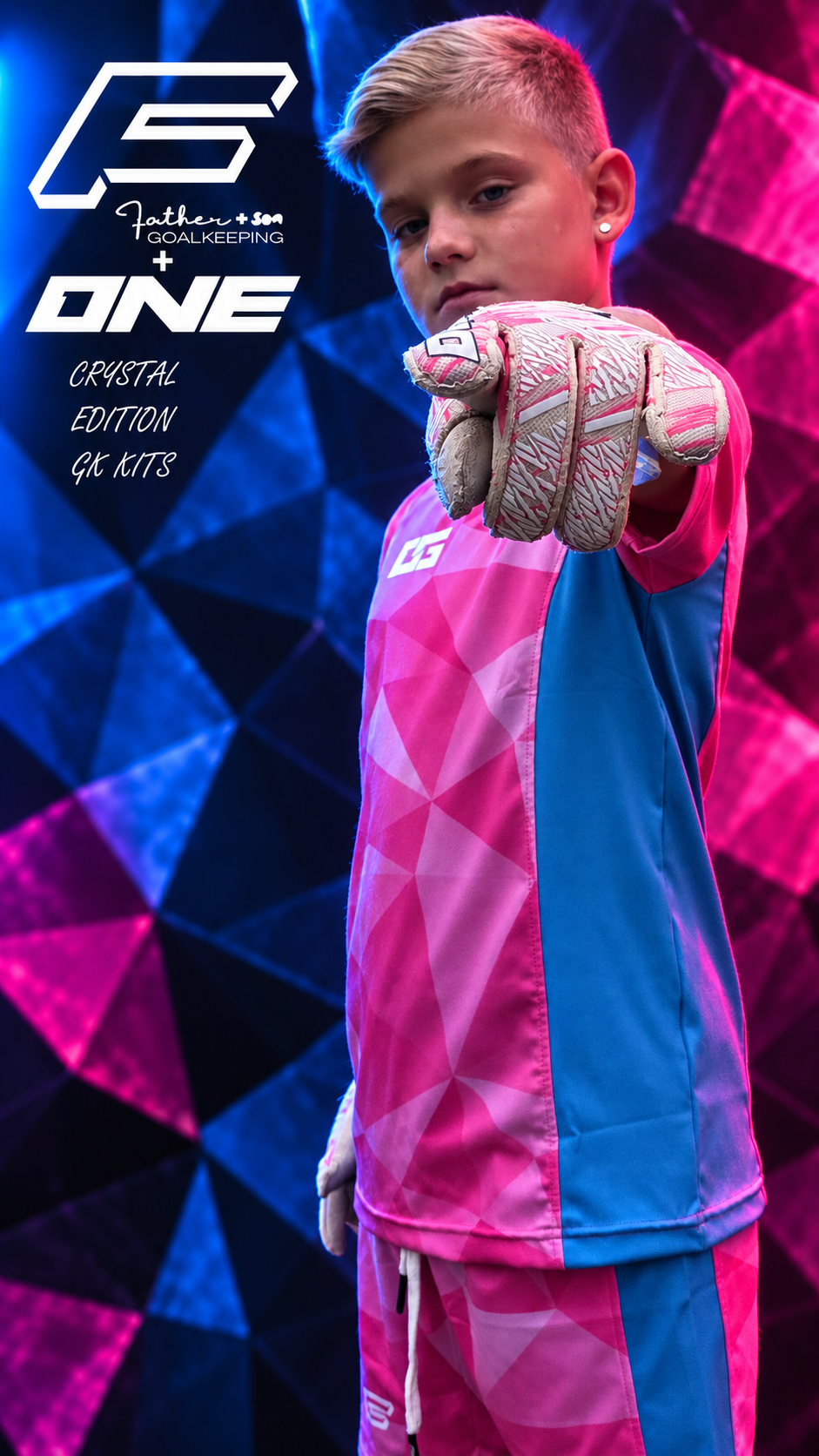 Junior Pink and Blue 'CRYSTAL' Father and Son GK x One Glove Match Kit (Copy)