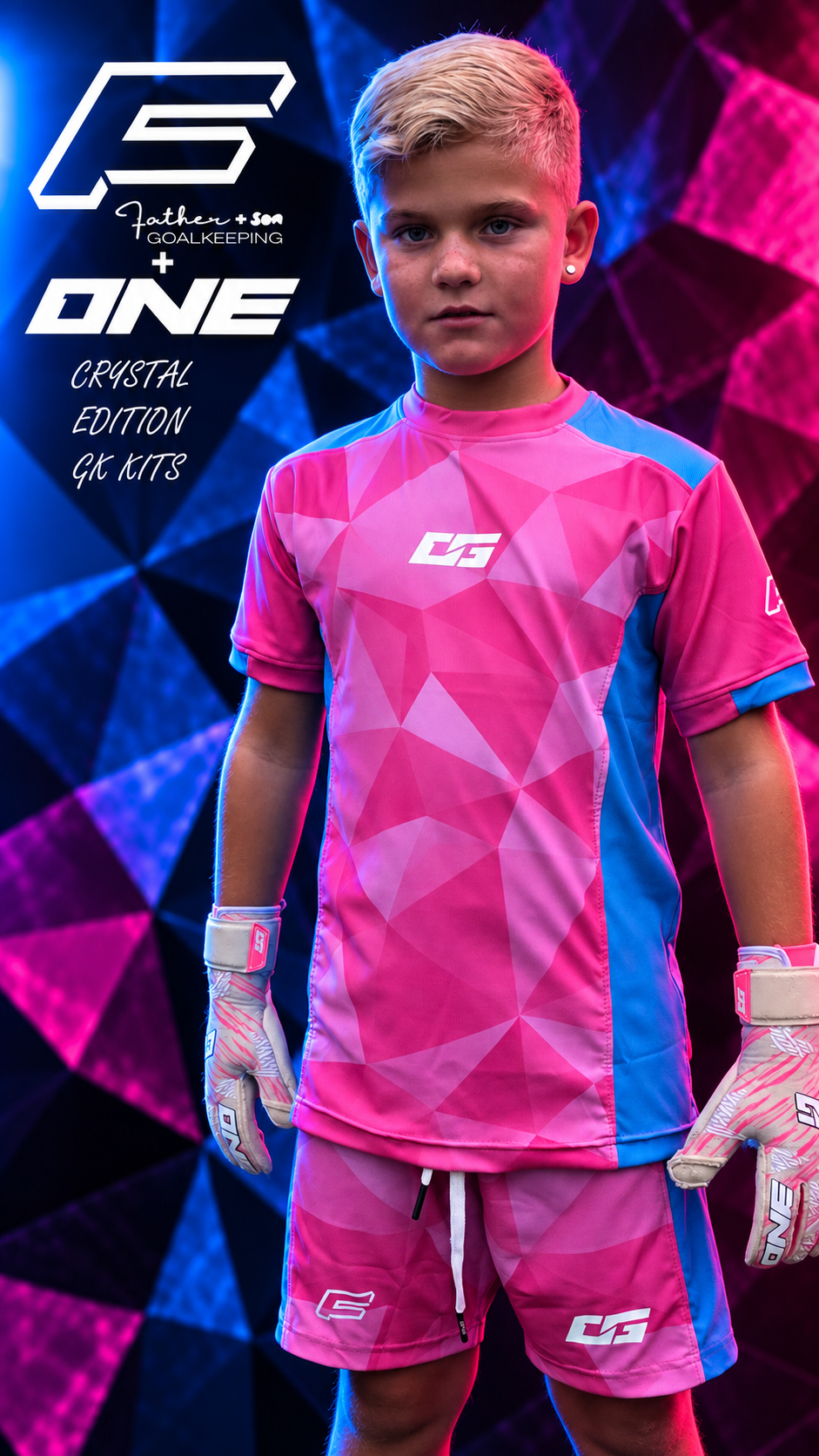 Junior Pink and Blue 'CRYSTAL' Father and Son GK x One Glove Match Kit (Copy)